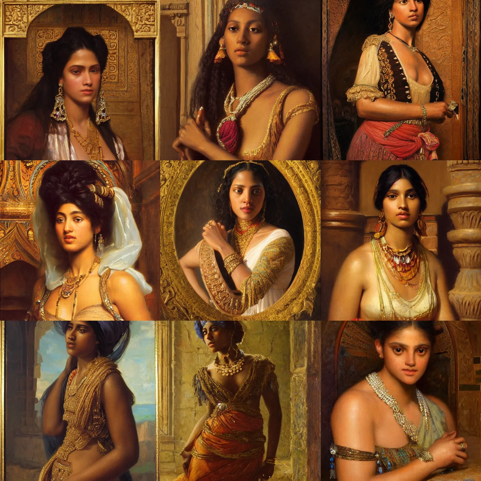 Prompt: orientalism detailed portrait of a beautiful bejeweled woman with brown skin in a ruin by Edwin Longsden Long and Theodore Ralli and Nasreddine Dinet and Adam Styka, masterful intricate artwork. Oil on canvas, excellent lighting, high detail 8k