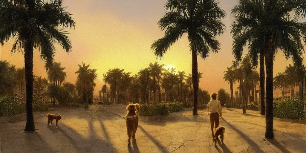 Prompt: golden retriever dog walking in tel aviv street looking at the camera. palm trees. realistic. sunset. high quality. digital art. watercolor. highly detailed. drawing. art. colorful. fluffy art by albert bierstadt