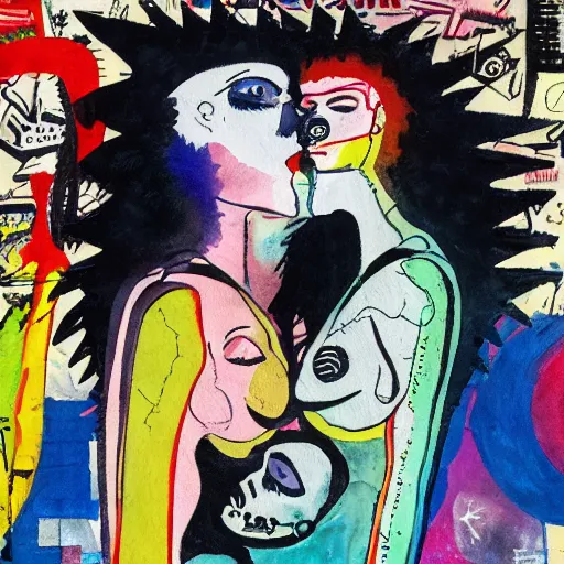 Image similar to watercolor painting of two bizarre psychedelic goth women kissing each other closeup in a space station in japan, speculative evolution, mixed media collage by basquiat and jackson pollock, maximalist magazine collage art, sapphic art, lesbian art, chemically damaged