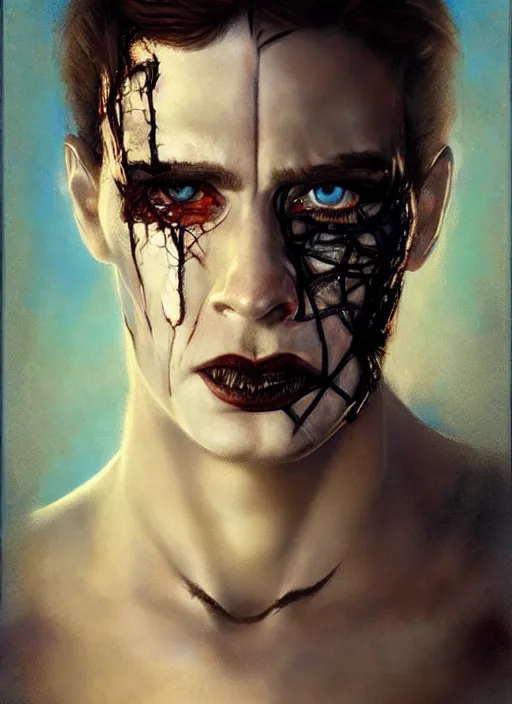 Image similar to a threatening portrait of a burned man with beautiful blue eyes and short brown hair, art by manuel sanjulian and tom bagshaw