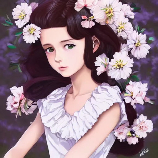 Image similar to little brunette girl with flowers in hair wearing an white dress. art by ilya kuvshinov, profile picture, inspired in hirohiko araki, realistic, highly detailed, 8 0 s anime art style, vogue cover