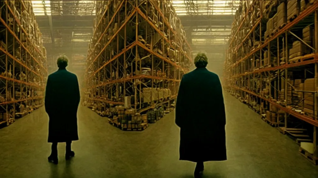 Prompt: the giant hands walks through the warehouse, film still from the movie directed by denis villeneuve and david cronenberg with art direction by zdzisław beksinski and dr. seuss