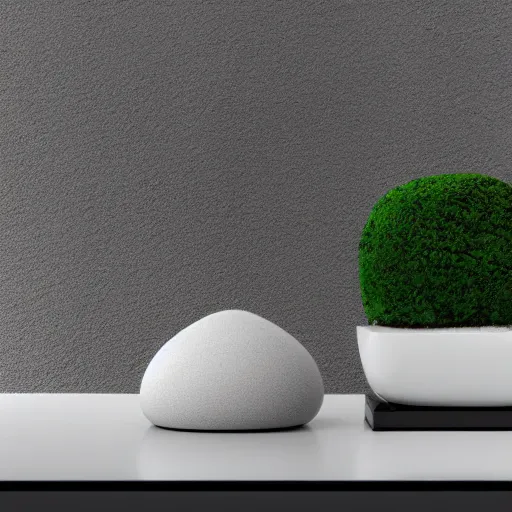 Image similar to white zen clean modern minimalist white room with small rock garden and bonsai tree by peter tarka in an ivory room well contoured smooth fair walls, up close shot, sharp focus, zen, clean, modern minimalist, zaha hadid octane highly render, 4 k, ultra hd,