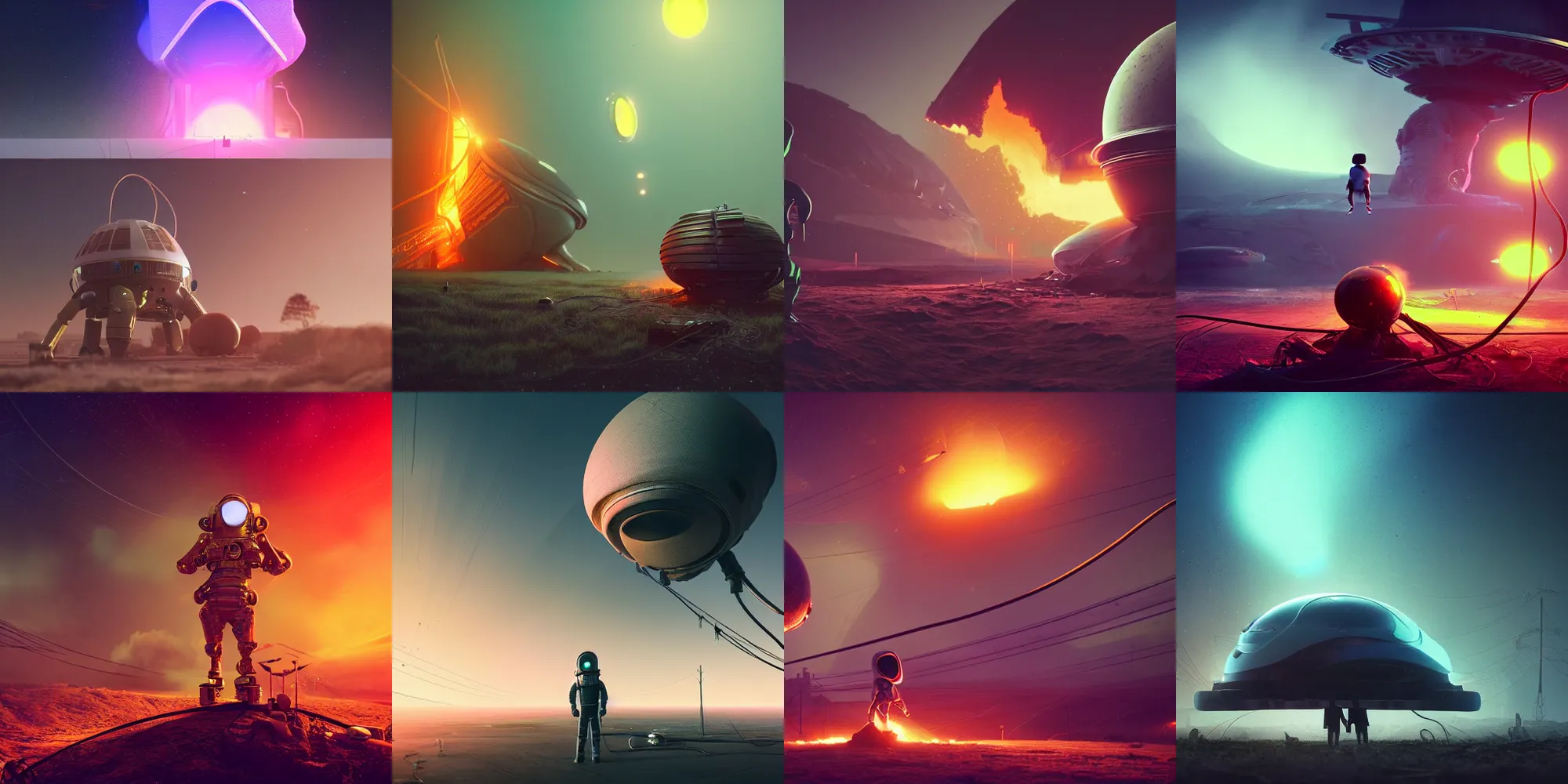 Prompt: crash landed alien spaceship spacecraft on fire smoke, cables and wires, spaceman standing looking, beautiful dark landscape, in the style of beeple and mike winkelmann, intricate, epic lighting, cinematic composition, hyper realistic, 8 k resolution, unreal engine 5, raytracing, ultraviolet colors,