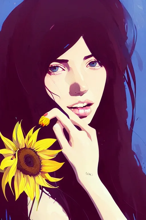 Image similar to a ultradetailed beautiful panting of a stylish woman holding a sunflower, by conrad roset, greg rutkowski and makoto shinkai, trending on artstation