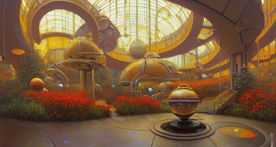 Image similar to a minimalist oil painting by donato giancola and james gurney, warm coloured, cinematic scifi luxurious futuristic foggy steam filled megalithic garden circular shopping mall interior with microscopy minimalist giant windows flowers growing out of pretty bulbous ceramic fountains, gigantic pillars and flowers, maschinen krieger, beeple, star trek, star wars