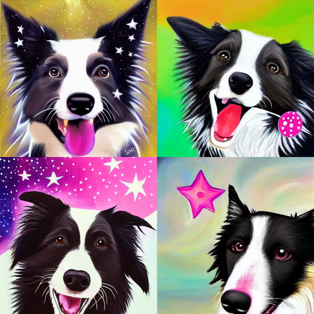 Prompt: a smiling border collie dog in outer space, a smiling border collie dog with a small pink star on its collar, realistic painting, cinematic