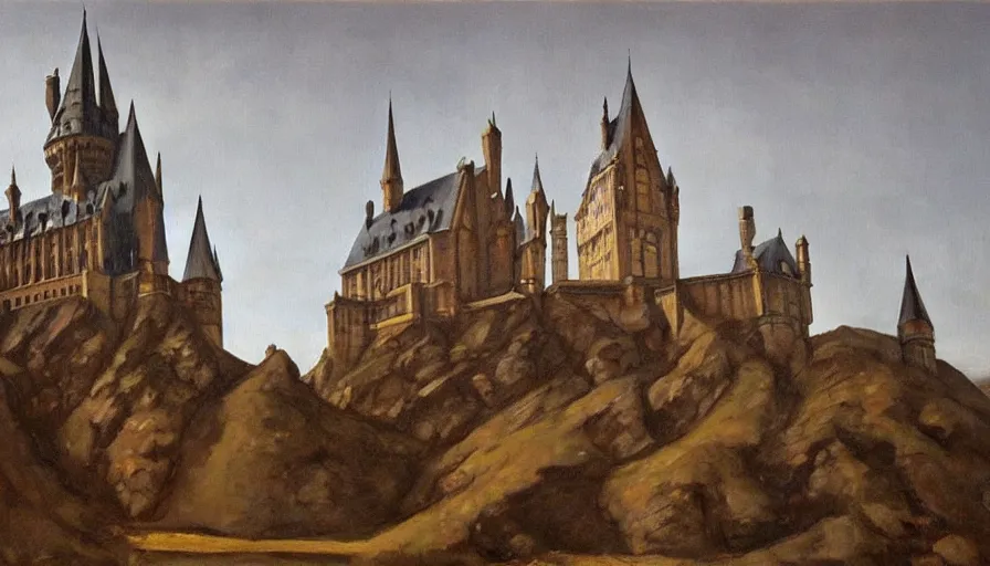 Image similar to painting by borremans, hogwarts castle, detailed, stunning