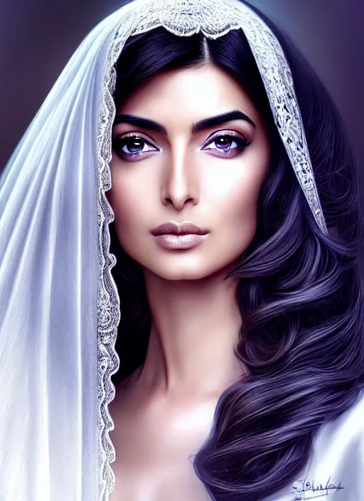 Prompt: beautiful ameera al taweel, blue eyes, long wavy black hair, white veil, in the style of stefan kostic, realistic, sharp focus, 8k high definition, insanely detailed, intricate, elegant, art by stanley lau and artgerm