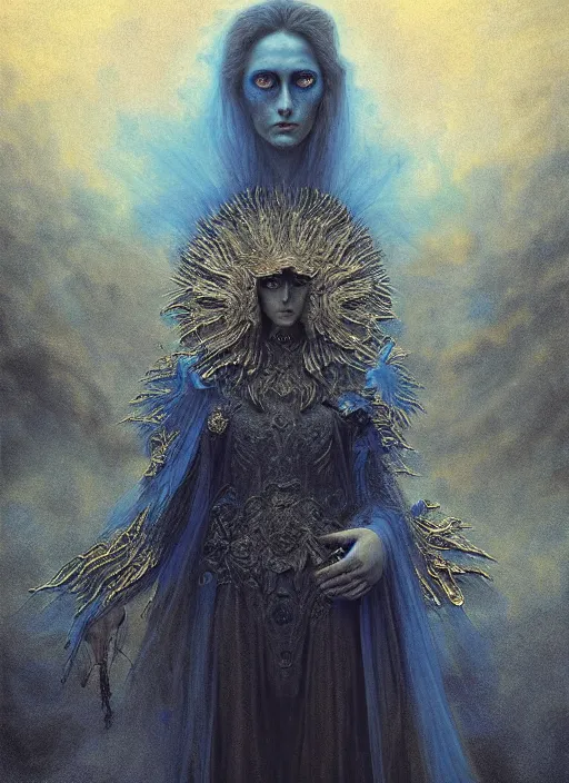 Image similar to Her huge ominous glowing blue eyes staring into my soul , perfect eyes, agostino arrivabene, WLOP, Tomasz strzalkowski, twisted dark lucid dream, 8k portrait render, raven angel wings, beautiful lighting, dark fantasy art, rococo, gold filigree, cgsociety