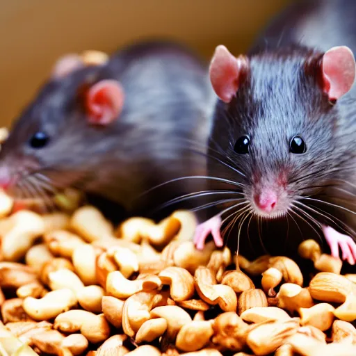 Prompt: a group of rats eating from a spilled bucket of peanuts, close up, dslr photography