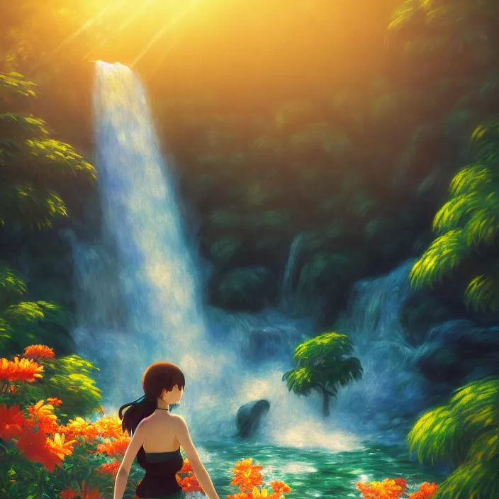 Image similar to an epic makoto shinkai and renoir surreal landscape of a woman's long brown hair and a waterfall, 🌺, golden hour, ultra smooth, lois van baarle, ilya kuvshinov, unreal engine, blender, trending on artstation, suntur, caleb worcester, highly detailed, photorealism, bloom effect 8 k