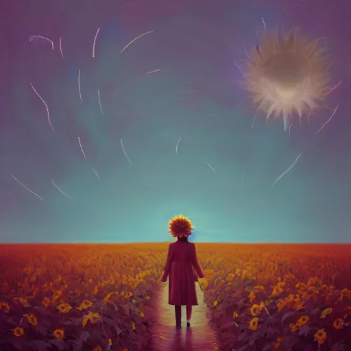 Image similar to huge sunflower head, girl walking in wheat field, hills, surreal photography, dark night, star trails, dramatic light, impressionist painting, clouds, digital painting, artstation, simon stalenhag