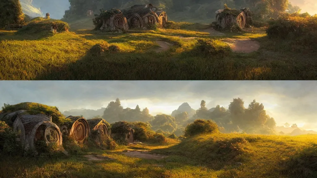 Image similar to a beautiful painting of hills in the shire with round hobbit doors and windows in them, at sunrise, intricate, elegant, highly detailed, digital painting, artstation, concept art, by krenz cushart and artem demura and alphonse mucha