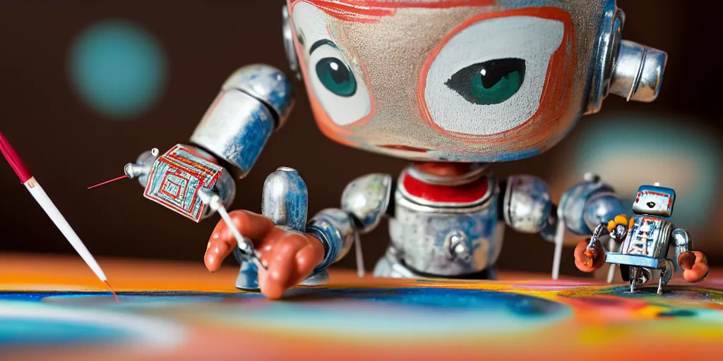 Image similar to closeup portrait of tin toy retro robot painter mixing gouache on white paper table in an artist workshop, depth of field, zeiss lens, detailed, centered, fashion photoshoot, by nicoletta ceccoli, mark ryden, lostfish, breathtaking, 8 k resolution, extremely detailed, beautiful, establishing shot, artistic, hyperrealistic, octane render