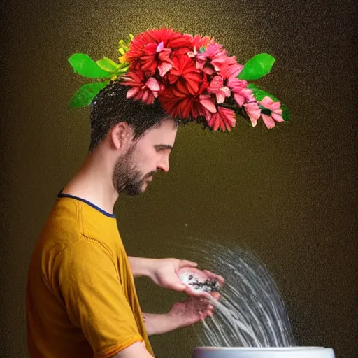 Prompt: man pouring water on head, flowers are in a pot on his head, the pot is part of his head, high detail, 8K digital art