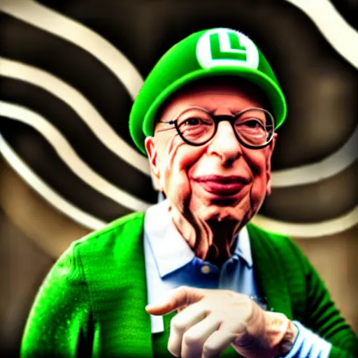 Image similar to uhd candid photo of hyperdetailed klaus schwab dressed as luigi. correct face, cinematic lighting, photo by annie leibowitz, and steve mccurry.