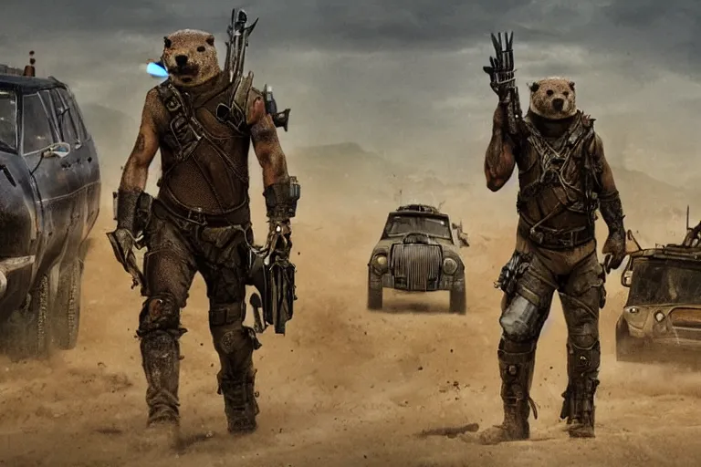 Image similar to a good ol'otter fursona ( from the furry fandom ), heavily armed and armored facing down armageddon in a dark and gritty version from the makers of mad max : fury road. witness me.