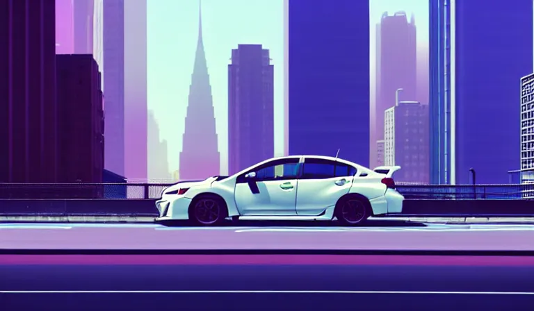 Image similar to a beautiful, sharp focus, clean lines. an urban cityscape with a grey 2 0 1 8 subaru wrx on the street. vaporwave ombre rendering. outrun style. trending on artstation. recommended for you behance. by chris moore. by edward hopper. ambient occlusion. digital matte painting. metropolis filmic. gotham city.