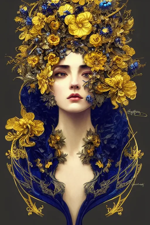 Image similar to beautiful black blue yellow, complicated gold and blue flowers in baroque style headwears, dark fantasy, intricate, elegant, highly detailed, digital painting, artstation, concept art, matte, 3 d 8 k octane rendered, sharp focus, illustration, octane rendered, art by artgerm and alphonse mucha, leesha hannigan