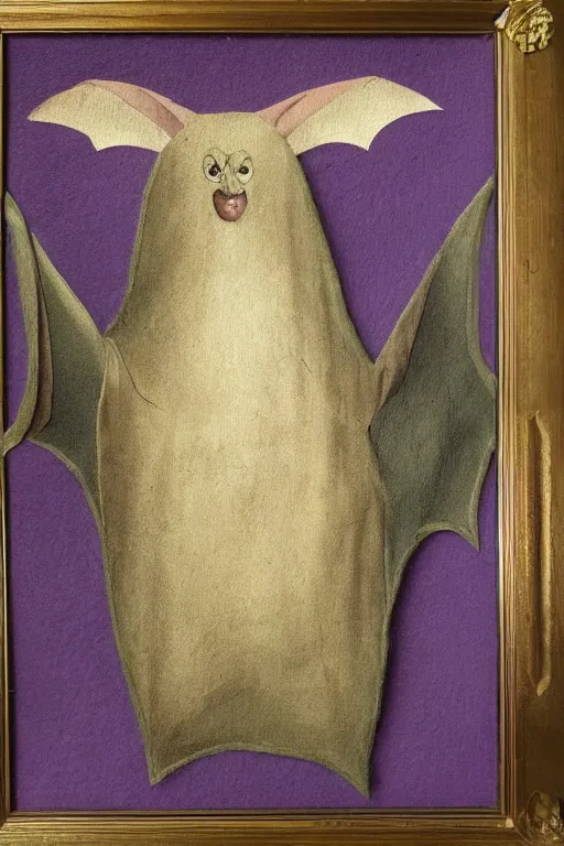 Prompt: silly hieronymus bosch framed oil painting of a bat in fancy felt robes. muted colour palette