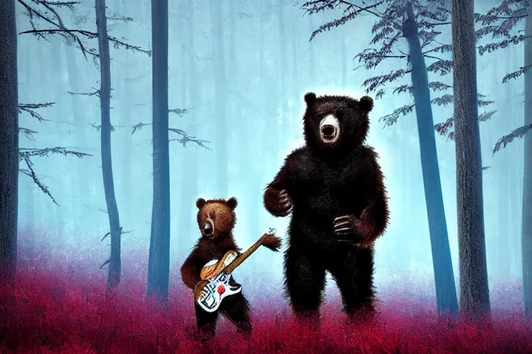 Prompt: Realistic punk bear playing hardcore metal guitar in the middle of a misty red forest talking to big foot .digital art on artstation