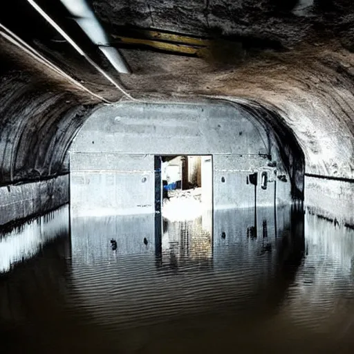 Prompt: a partially flooded tunnel that has machinery and pipes along the walls, dark, scary, horror, eerie, submechanophobia,