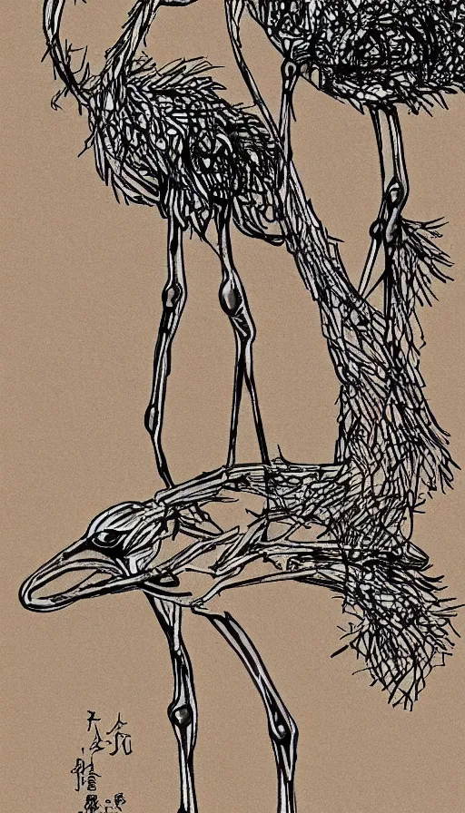 Prompt: stick figures ostrich, by yoshitaka amano