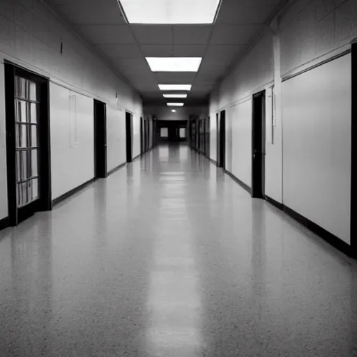 Image similar to the interior of an empty school hallway, small, cramped, dim fluorescent lighting