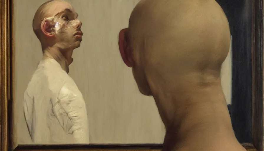 Image similar to painting by borremans, a man looks in the mirror and sees not himself, detailed, stunning