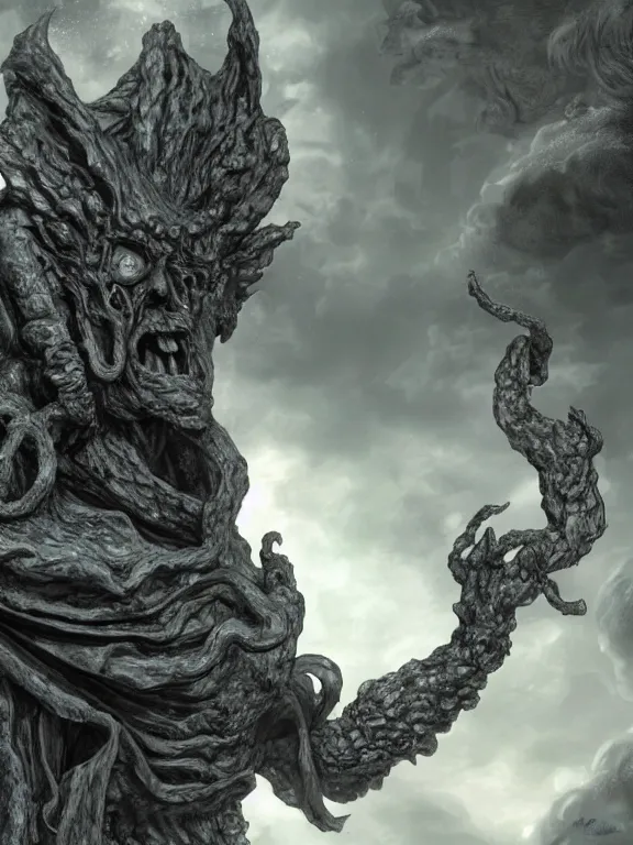 Prompt: a ultradetailed beautiful concept art of a strange and shady statue of an old and forgot cosmic entity, made from old stone, the air seems to become oppressing around it, lovecraftian concept art in berserk style, high resolution 4 k, by kentaro miura.