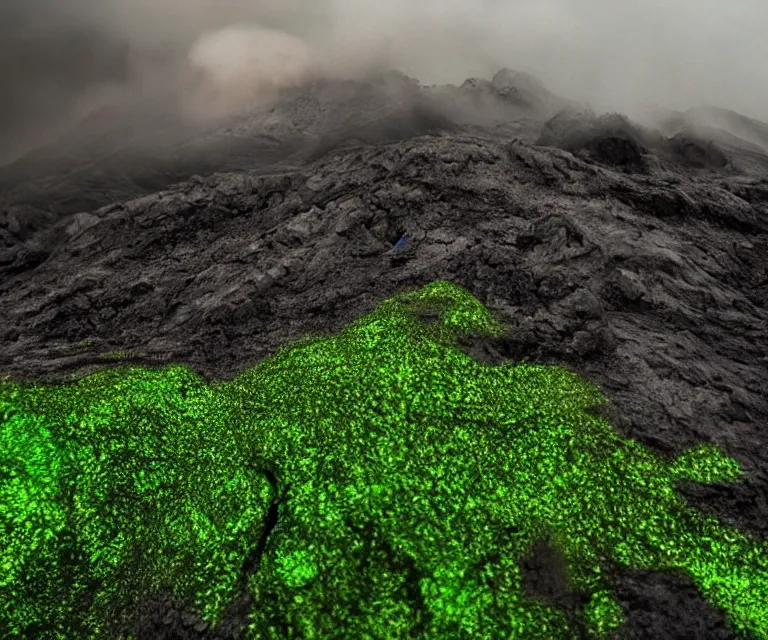 Image similar to a metallic volcano, post - apocalyptic world, green lava, steam, fog, grey skies