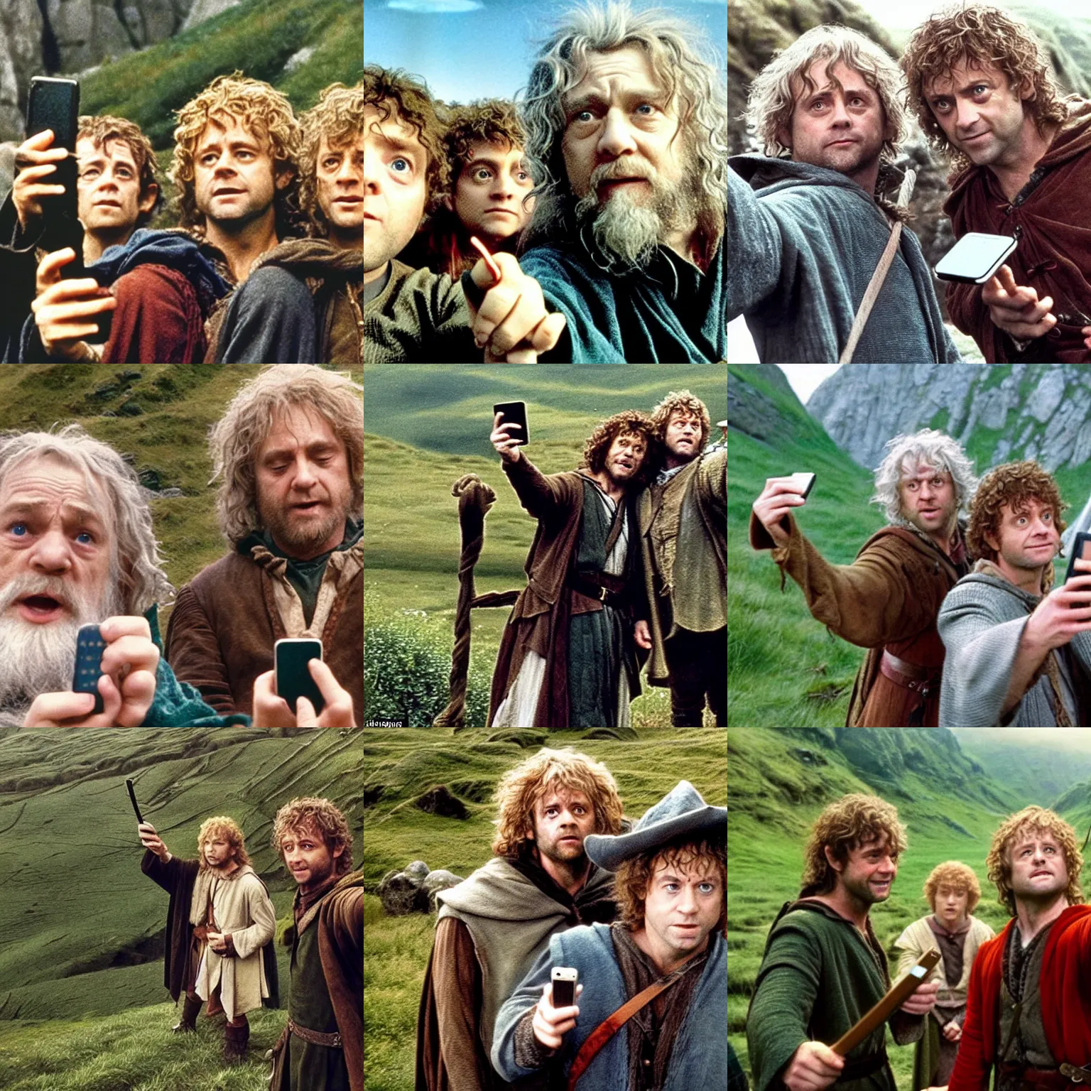 Prompt: merry and pippin taking selfies on their smartphones while gandalf the gray and samwise gamgee stand behind them scowling, beautiful nature scenery, movie still by peter jackson, merry brandybuck and pippin took holding smartphones in their hands