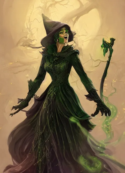 Image similar to beautiful female wicked witch, rebecca romijn as the wicked witch of the west, full body character concept, armor, super powers, fantasy, intricate, elegant, highly detailed, digital painting, artstation, concept art, shining, sharp focus, illustration, art by stanley lau