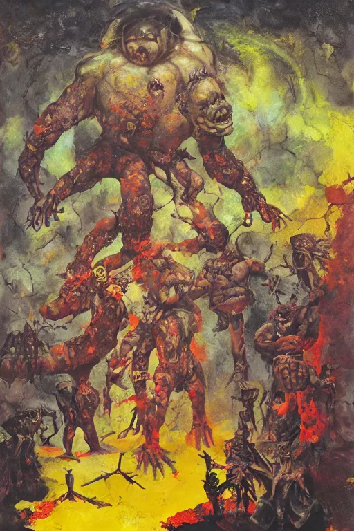 Image similar to surreal a hulking herculeanjohn candy as nurgle the unclean in a post apocalyptic hellscape, esoteric symbolism, intense emotional power, red yellow black, palette knife oil painting by peter booth and william blake