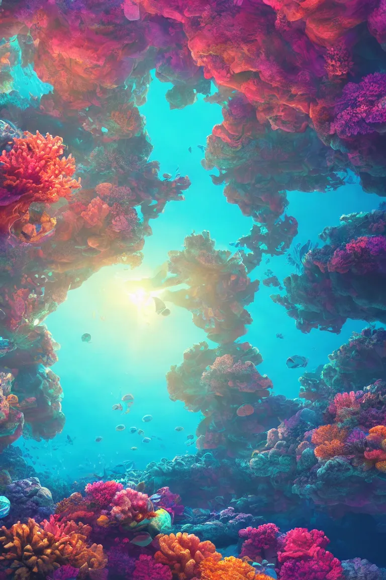 Image similar to mesmerizing underwater neon coral reef landscape magical realism painting with sun rays coming from above, neon pastel colors, octane render, maya, cinema 4d