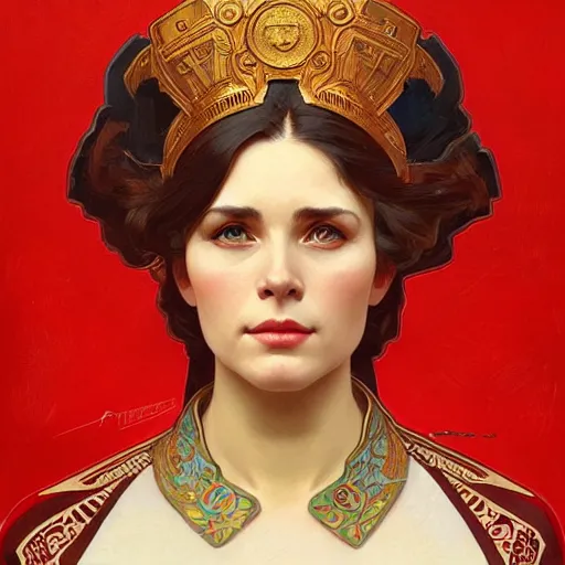 Prompt: a portrait of a female hero of the soviet union, full portrait, decorated with soviet motifs, intricate, elegant, highly detailed, symmetry, headpiece, digital painting, artstation concept art smooth sharp focus, illustration, art by artgerm and greg rutkowski alphonse mucha 8 k