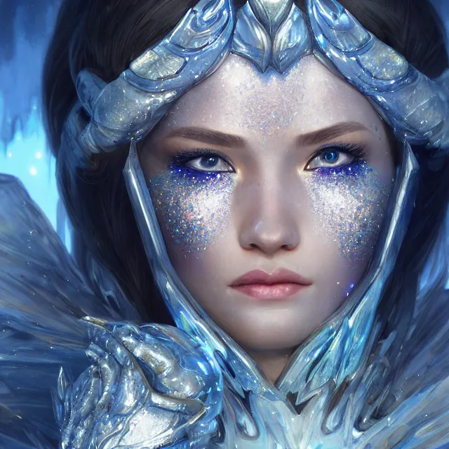 Prompt: close up portrait of a beautiful fantasy female ice warrior wearing shiny crystal armor, glittery ice makeup, subsurface scattering, artistic, ice palace background, fantasy atmosphere. art by artgerm, greg rutkowski and alphonse mucha, 3 d artstation octane render,