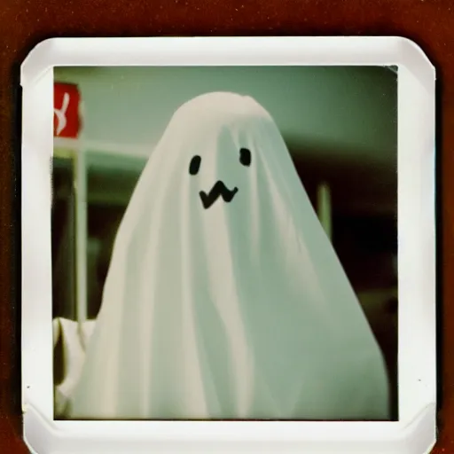 Image similar to a ghost in a white sheet ordering a happy meal, polaroid photograph,