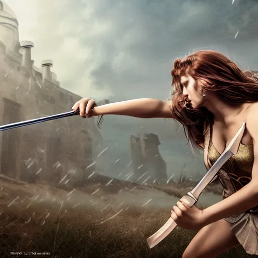 Prompt: Greek goddess Athena fighting with stupidity, stupidity is represented by internet influencers, realistic person, spear in the right hand, long hair, natural look, realistic photography, hyper realistic, highly detailed, 4k, battle landscape