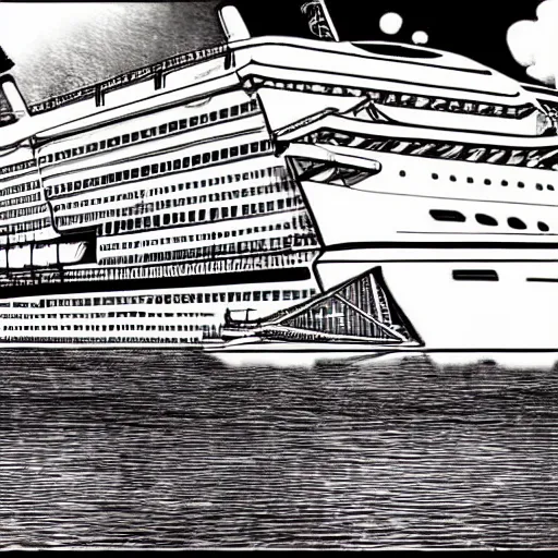 Prompt: a black and white manga style drawing of a enormous cruise ship parked in a port