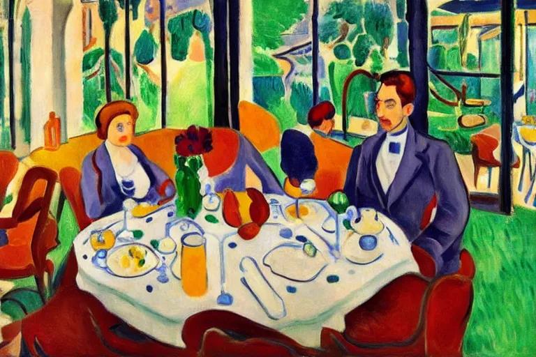 Prompt: a fancy breakfast scene at a country club by henri matisse and linda wilder, oil painting, highly detailed, saturated colors 4 k
