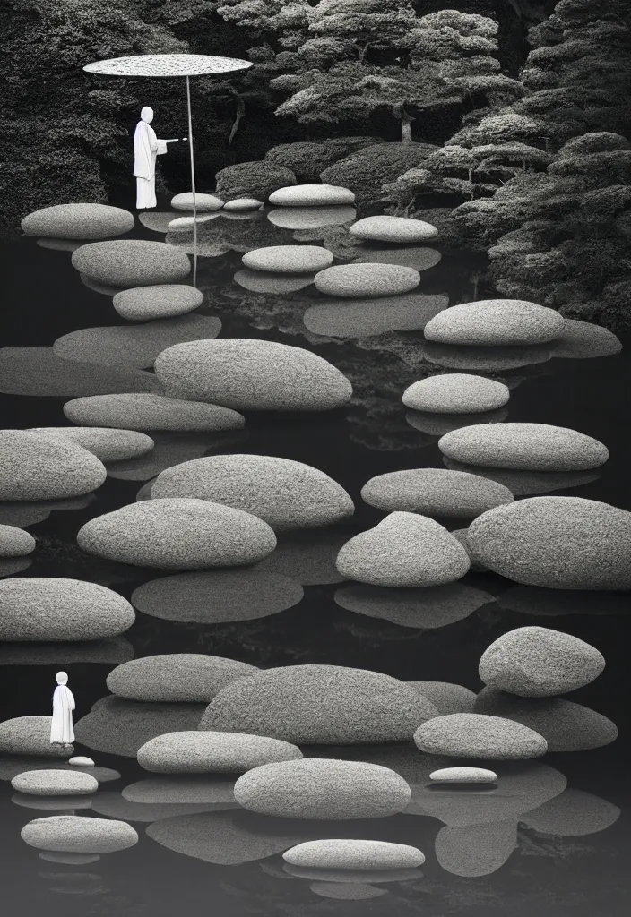 Image similar to portrait of a lone monk raking stones in a beautiful serene zen garden kyoto, japan, a collage painting, in the style of wes anderson, lola dupre, david hockney, isolated on negative white space background dark monochrome fluorescent neon spraypaint accents volumetric octane render