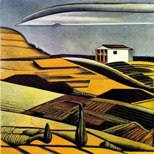 Image similar to dreaming tesla in toscana landscape with modern houses, painted by Giorgio de Chirico, highly detailed