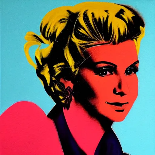 Image similar to olivia newton john from film grease artistic acrylic painting in the style of andy warhol