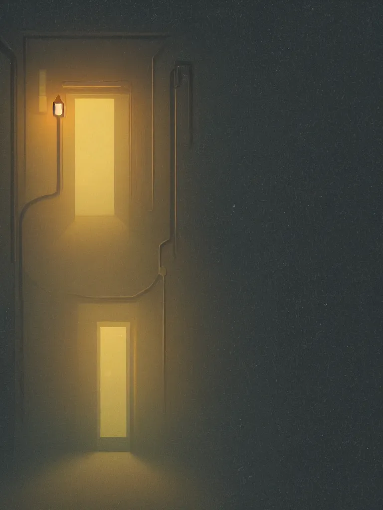 Prompt: a dark hallway, at the end there is a mysterious door with a neonsign in the style of simon stalenhag, golden ratio,