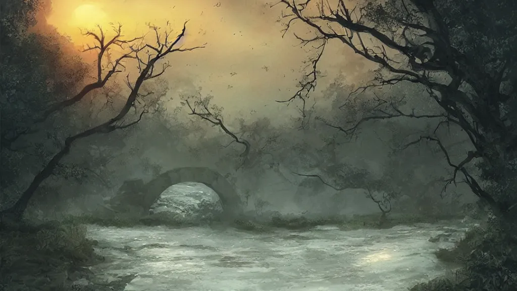 Image similar to over old trees wreathed with rotten vines fly evening crows, under a small bridge near a cottage a stream flows, on ancient road in the west wind a lean horse goes, sunset, by charlie bowater, by greg rutkowski