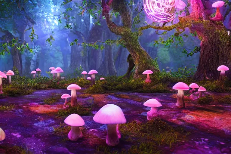 Image similar to An enchanted fantasy forest. Glowing mushrooms. Critters all around. Colorful. Cinematic lighting. Photorealism.