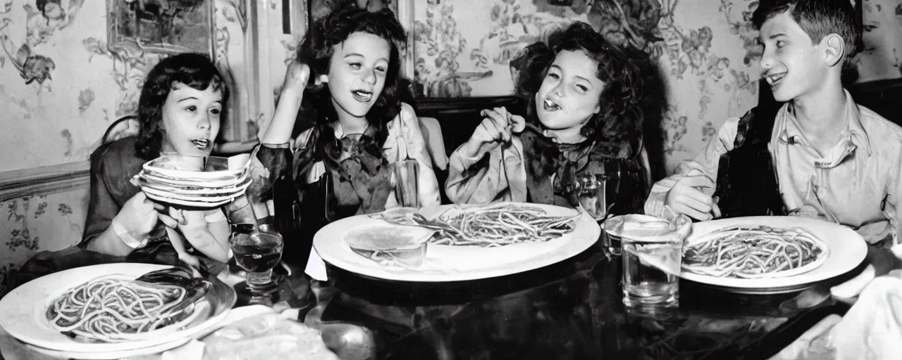 Prompt: a boy and girl on a date, sharing a plate of spaghetti kodachrome, in the style of lady and the tramp, retro