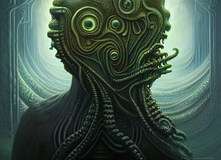 Image similar to lovecraft biopunk portrait of rowan sebastian atkinson, fractal background, anthropomorphic cthulhu behind him, by tomasz alen kopera and peter mohrbacher